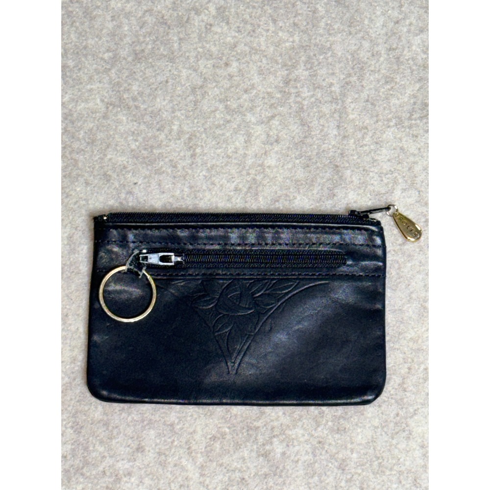 Vintage Rolfs Black Leather Coin Purse Embossed Rose Floral Key Ring Pouch Zip